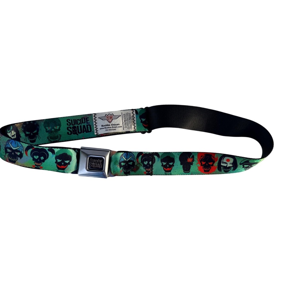 Buckle-Down Suicide Squad DC Comics Seatbelt Belt Teal Harley Quinn Joker Skulls